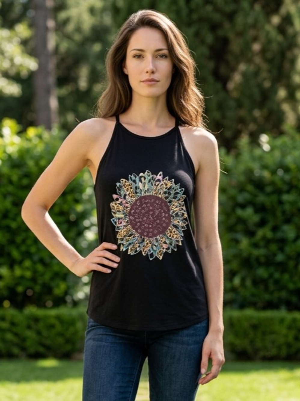 LouKeith Women's Sleeveless Halter Tank Top w/Leopard Print Sunflower L EUC